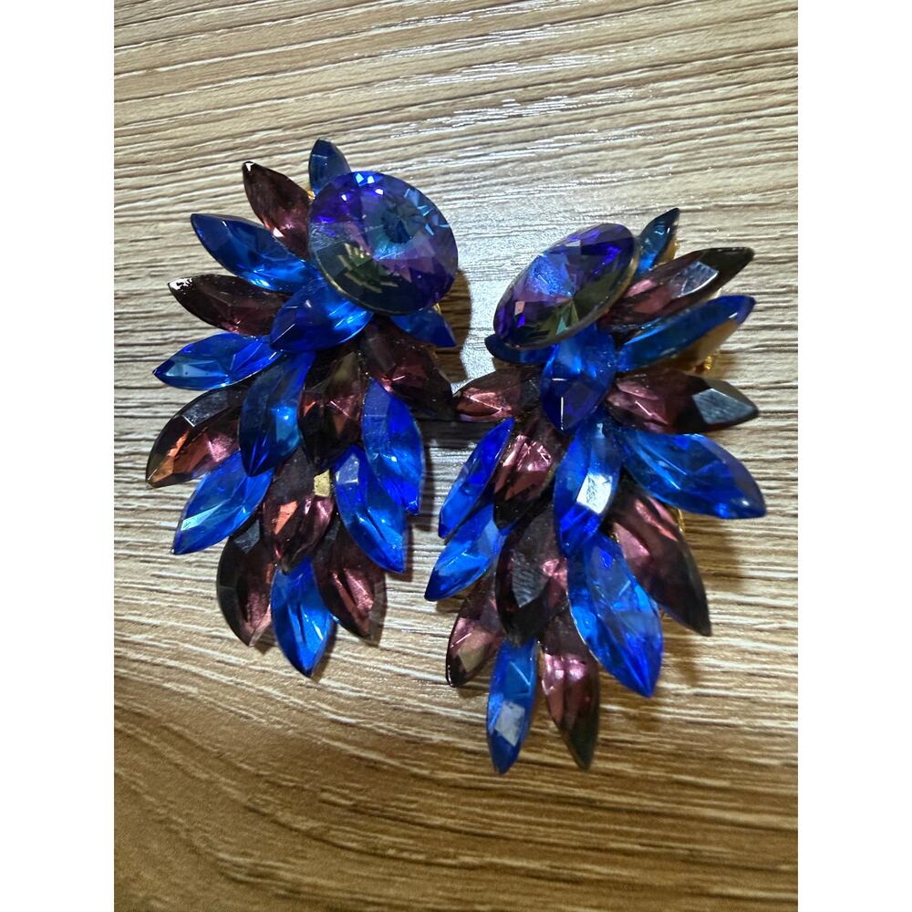 Vintage Michele Sugar Royal Blue and Purple Wing Drop Clip-On Earrings